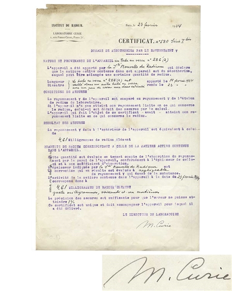 Scarce Marie Curie Signed Document From Her ''Institut du Radium'' Laboratory -- Curie Signs Off on an Experiment in Her Lab